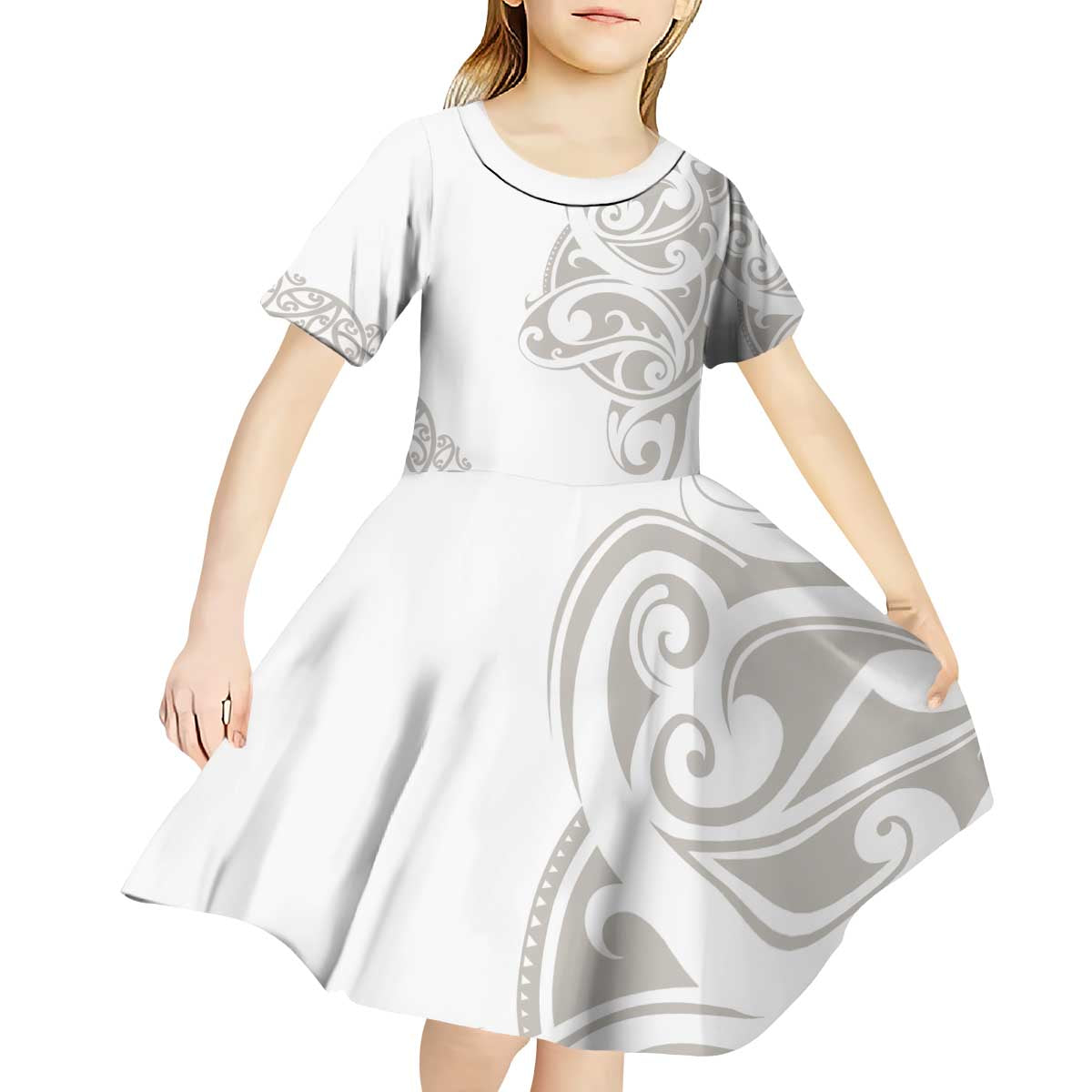 All White Maori Tribal Tattoo Personalised Kid Short Sleeve Dress Stone Gray Polynesian Style - Polynesian Pride