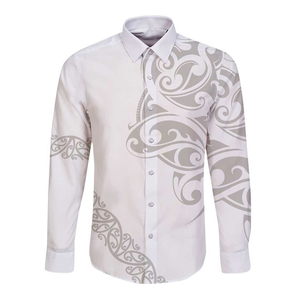All White Maori Tribal Tattoo Personalised Long Sleeve Button Shirt Stone Gray Polynesian Style - Polynesian Pride