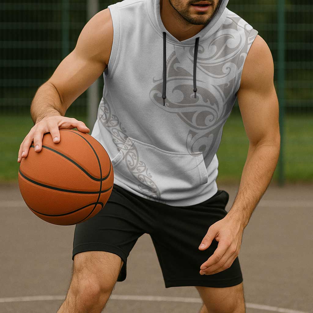 All White Maori Tribal Tattoo Personalised Sleeveless Hoodie Stone Gray Polynesian Style - Polynesian Pride