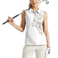 All White Maori Tribal Tattoo Personalised Women Sleeveless Polo Shirt Stone Gray Polynesian Style - Polynesian Pride