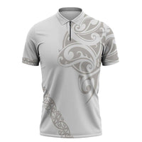 All White Maori Tribal Tattoo Personalised Zipper Polo Shirt Stone Gray Polynesian Style - Polynesian Pride