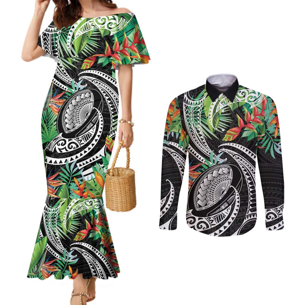 Polynesian Pacific Rugby Tribal Couples Matching Mermaid Dress and Long Sleeve Button Shirt Tropical Vibe LT9 Black - Polynesian Pride