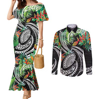 Polynesian Pacific Rugby Tribal Couples Matching Mermaid Dress and Long Sleeve Button Shirt Tropical Vibe LT9 Black - Polynesian Pride