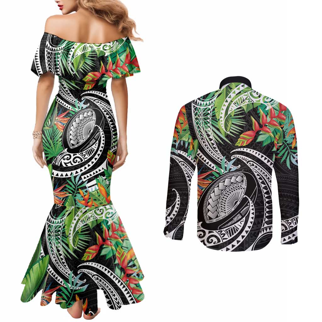 Polynesian Pacific Rugby Tribal Couples Matching Mermaid Dress and Long Sleeve Button Shirt Tropical Vibe LT9 - Polynesian Pride