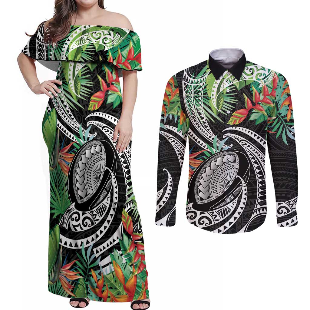 Polynesian Pacific Rugby Tribal Couples Matching Off Shoulder Maxi Dress and Long Sleeve Button Shirt Tropical Vibe LT9 Black - Polynesian Pride