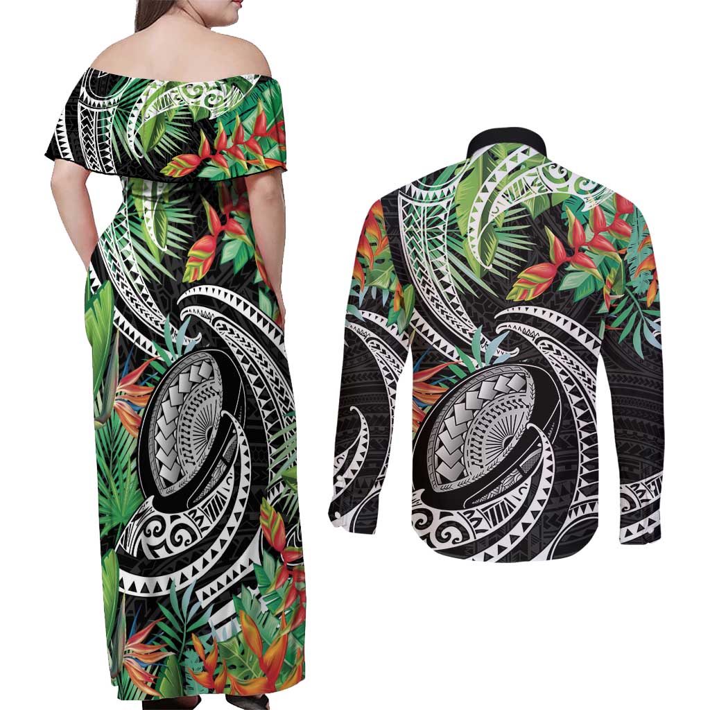 Polynesian Pacific Rugby Tribal Couples Matching Off Shoulder Maxi Dress and Long Sleeve Button Shirt Tropical Vibe LT9 - Polynesian Pride
