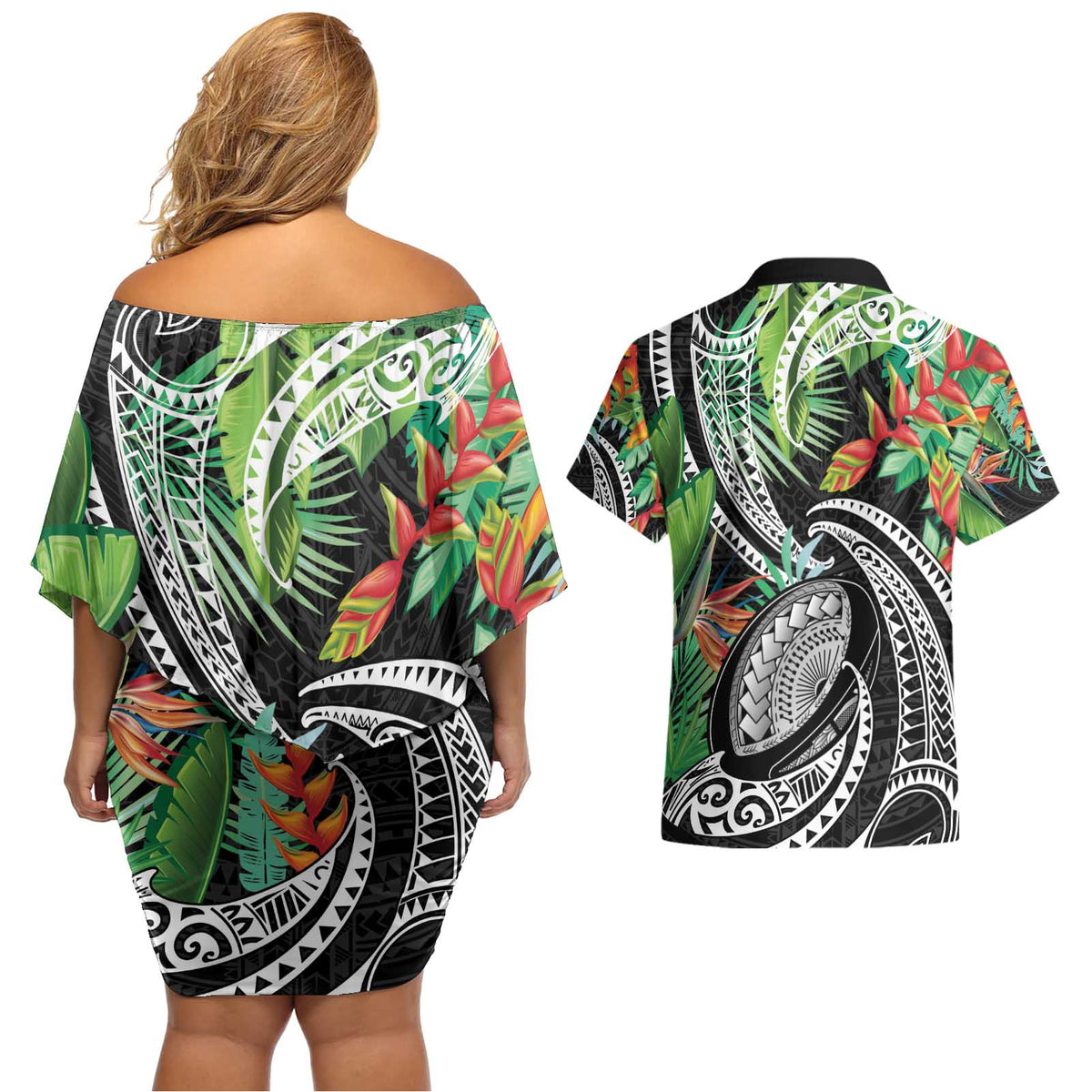 Polynesian Pacific Rugby Tribal Couples Matching Off Shoulder Short Dress and Hawaiian Shirt Tropical Vibe