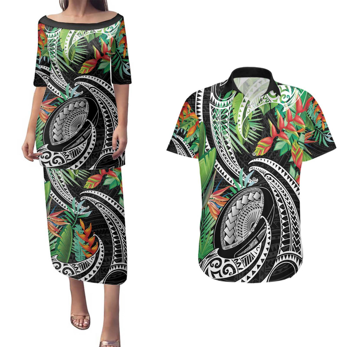 Polynesian Pacific Rugby Tribal Couples Matching Puletasi and Hawaiian Shirt Tropical Vibe LT9 Black - Polynesian Pride