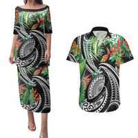 Polynesian Pacific Rugby Tribal Couples Matching Puletasi and Hawaiian Shirt Tropical Vibe LT9 Black - Polynesian Pride