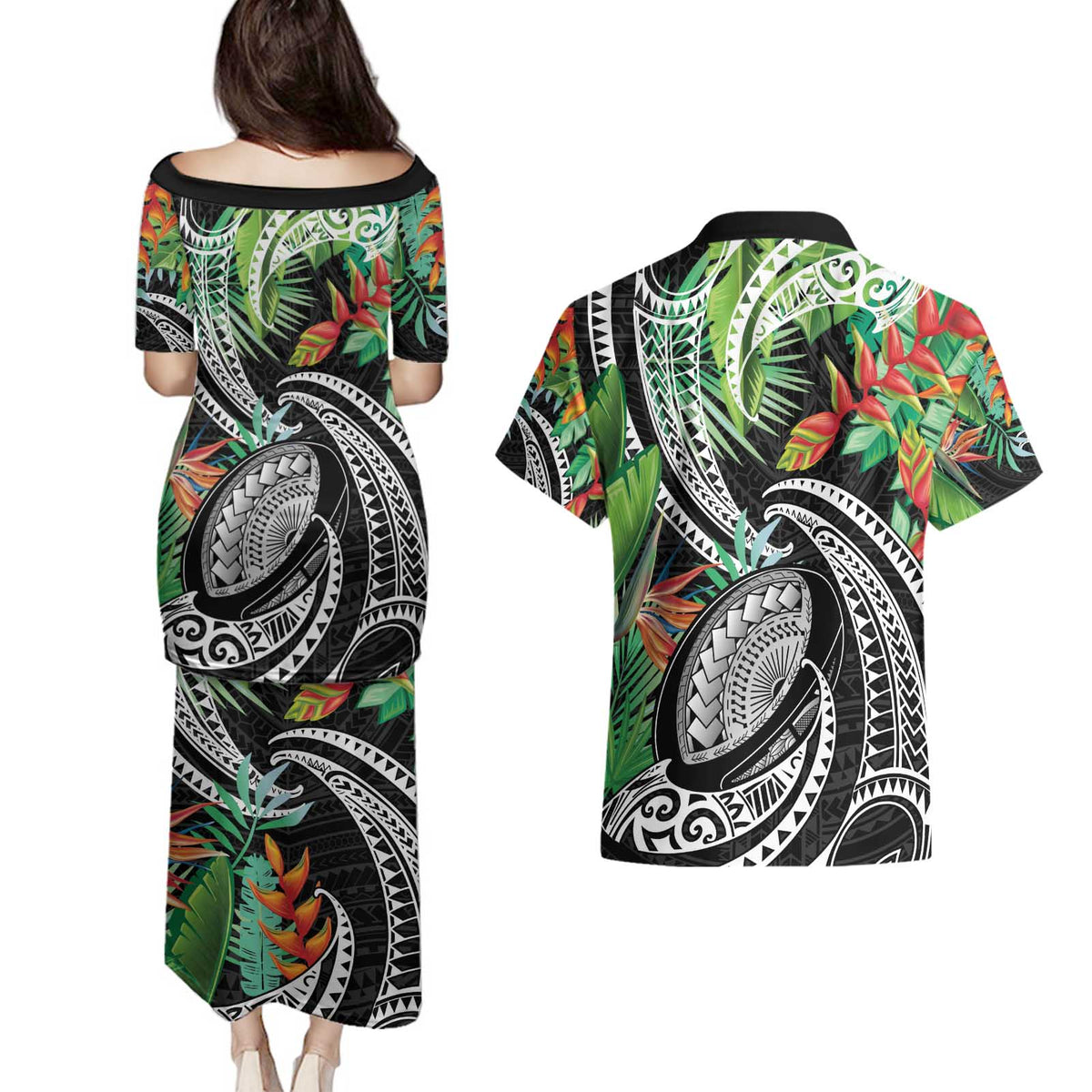 Polynesian Pacific Rugby Tribal Couples Matching Puletasi and Hawaiian Shirt Tropical Vibe LT9 - Polynesian Pride