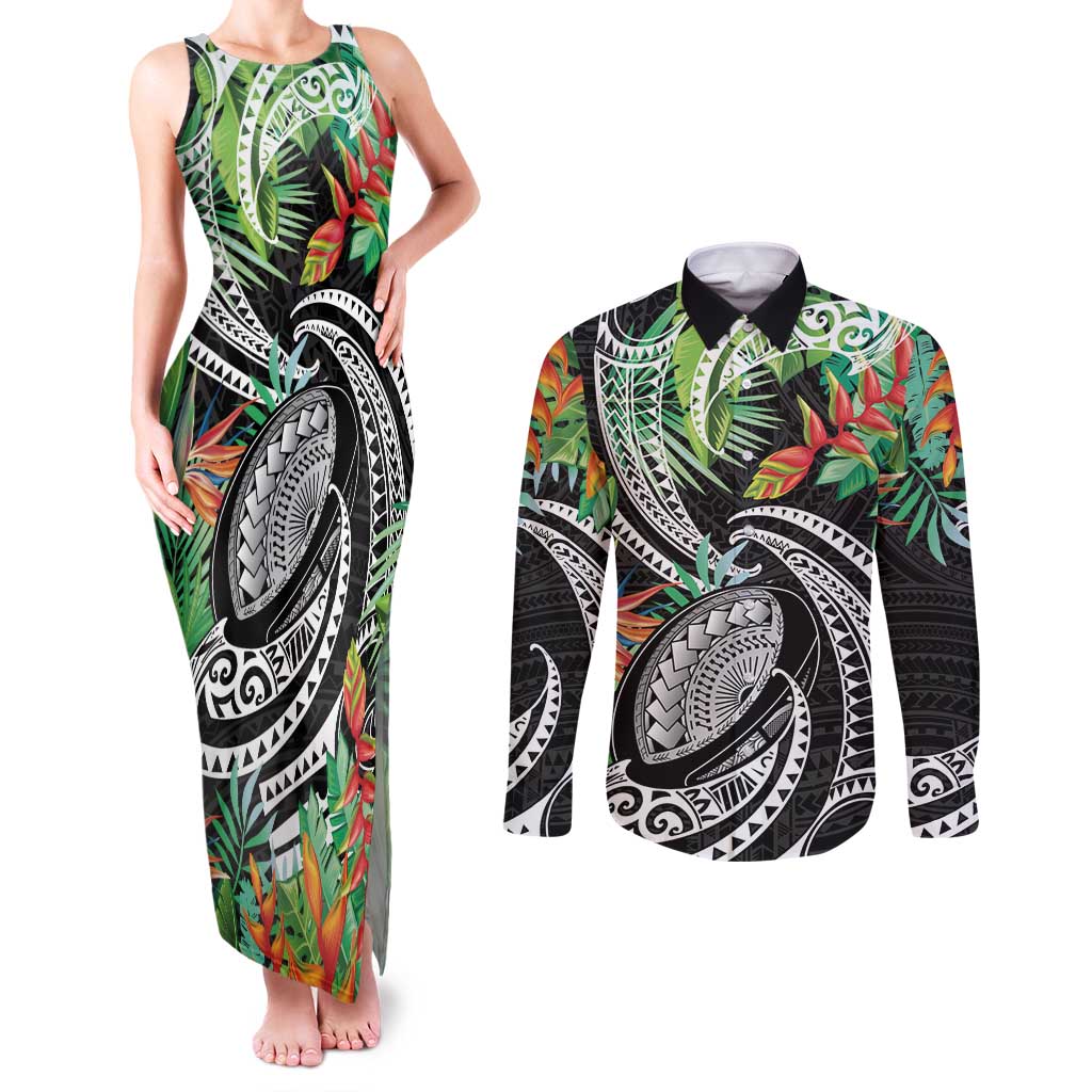 Polynesian Pacific Rugby Tribal Couples Matching Tank Maxi Dress and Long Sleeve Button Shirt Tropical Vibe LT9 Black - Polynesian Pride