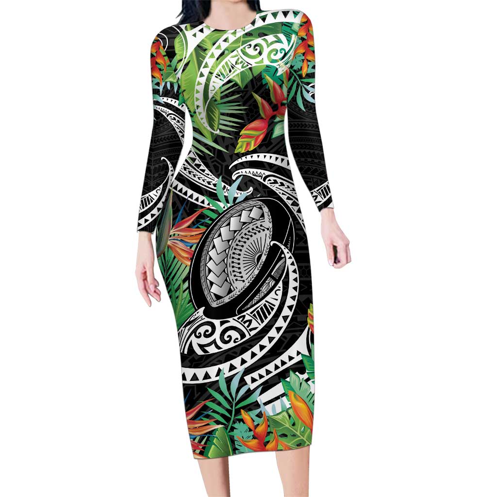 Polynesian Pacific Rugby Tribal Family Matching Long Sleeve Bodycon Dress and Hawaiian Shirt Tropical Vibe