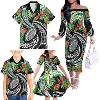 Polynesian Pacific Rugby Tribal Family Matching Off The Shoulder Long Sleeve Dress and Hawaiian Shirt Tropical Vibe
