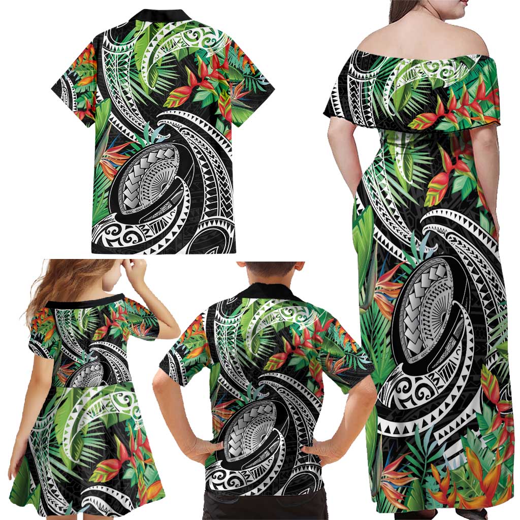 Polynesian Pacific Rugby Tribal Family Matching Off Shoulder Maxi Dress and Hawaiian Shirt Tropical Vibe