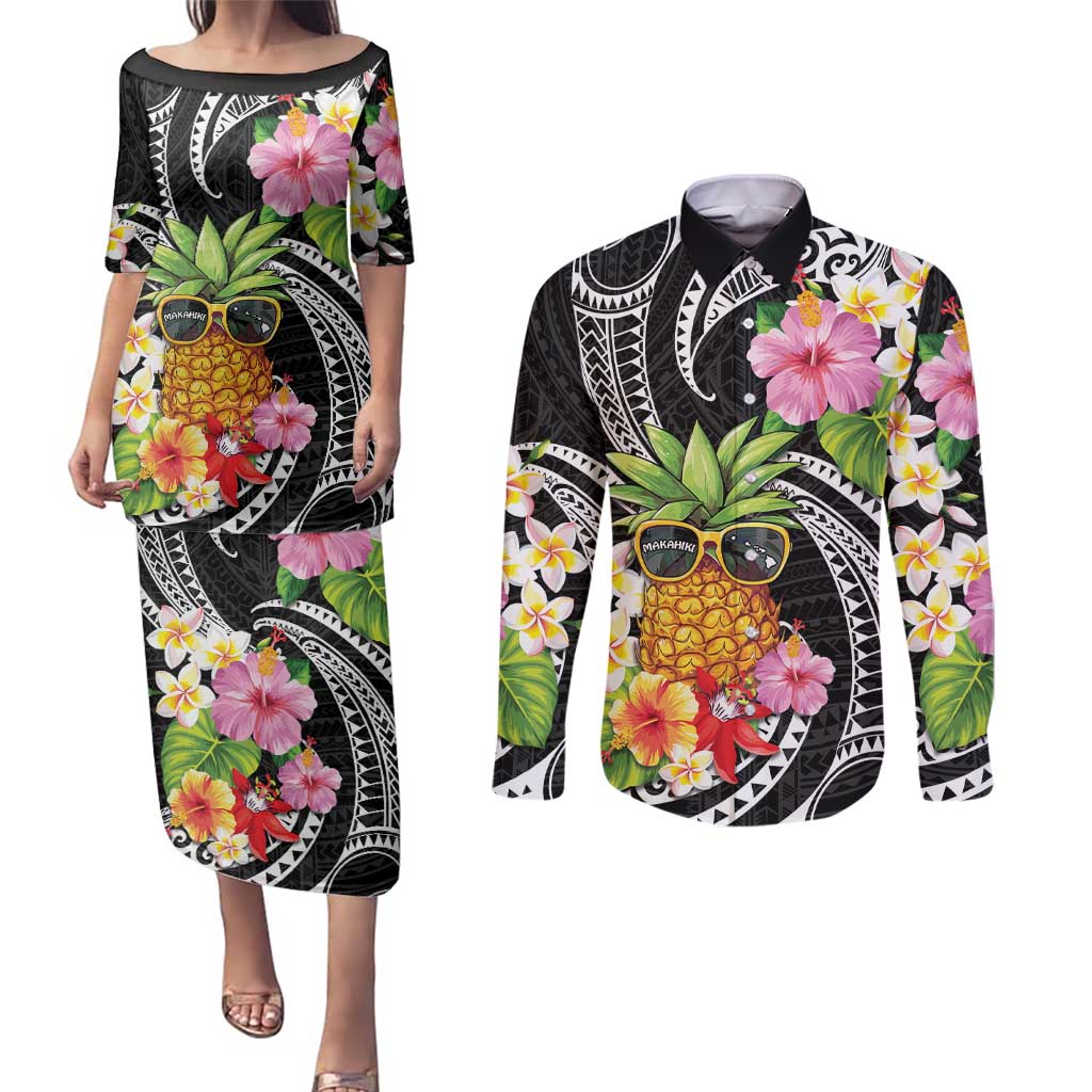 Hau'oli Makahiki Hou Couples Matching Puletasi and Long Sleeve Button Shirt Aloha Pineapple Tropical Vibe