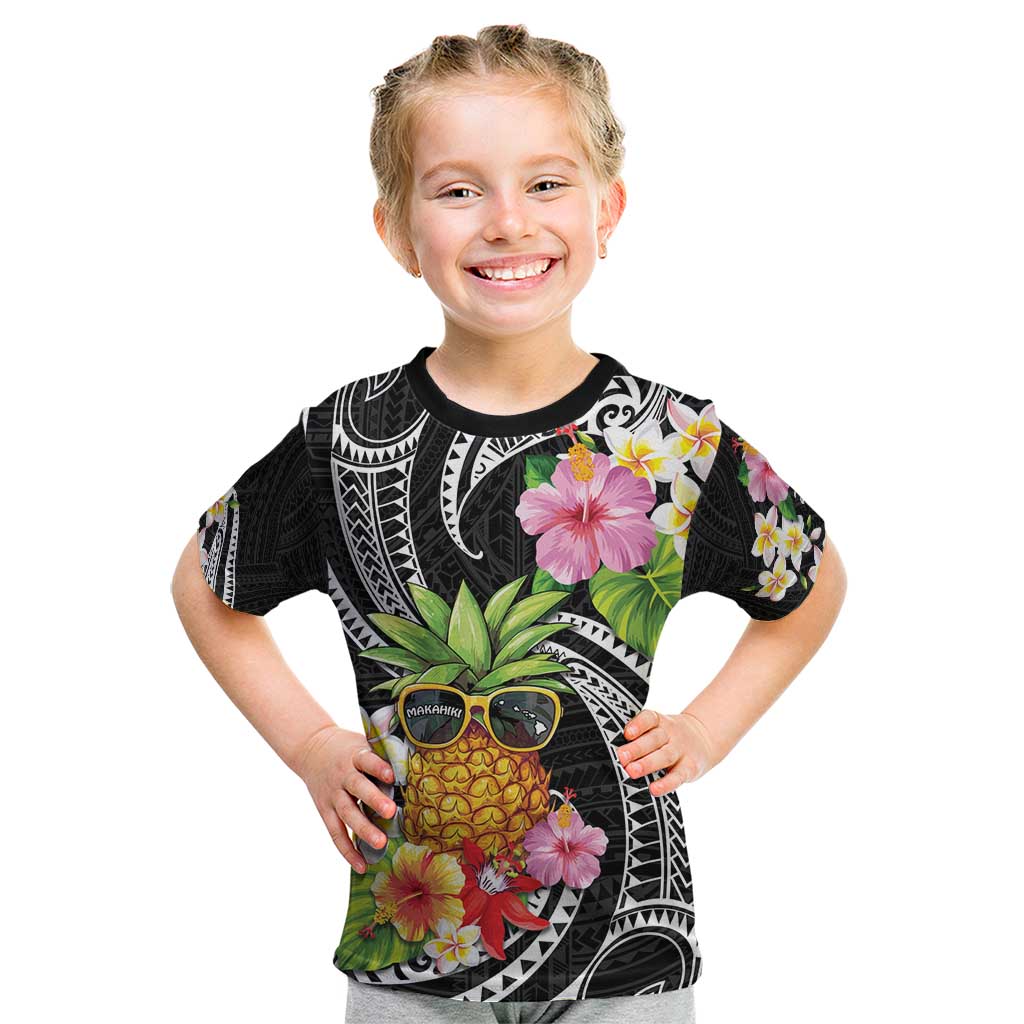 Hau'oli Makahiki Hou Kid T Shirt Aloha Pineapple Tropical Vibe LT9 Black - Polynesian Pride