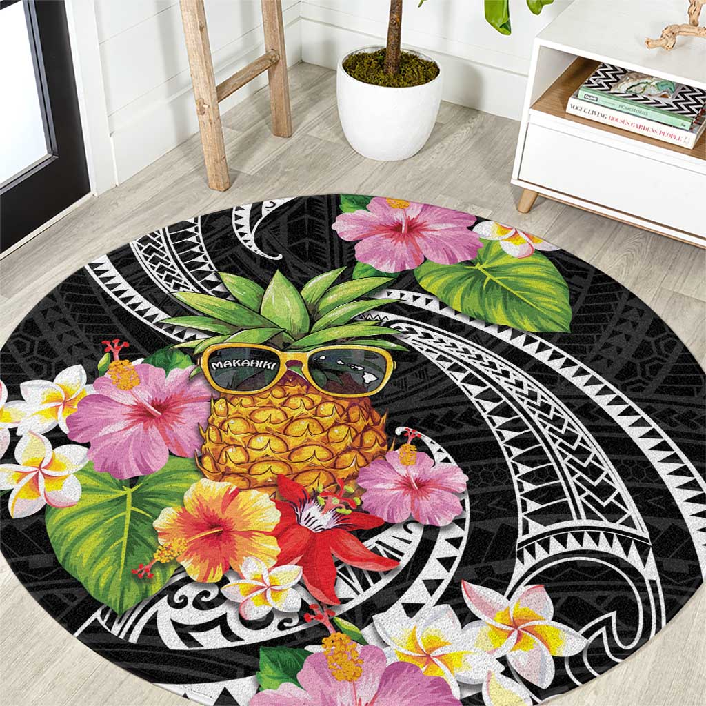 Hau'oli Makahiki Hou Round Carpet Aloha Pineapple Tropical Vibe LT9 Black - Polynesian Pride