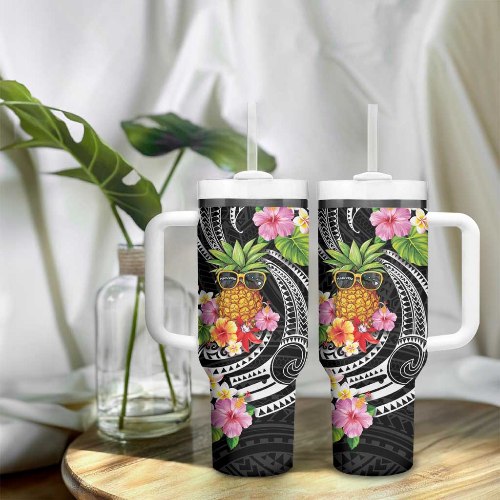 Hau'oli Makahiki Hou Tumbler With Handle Aloha Pineapple Tropical Vibe