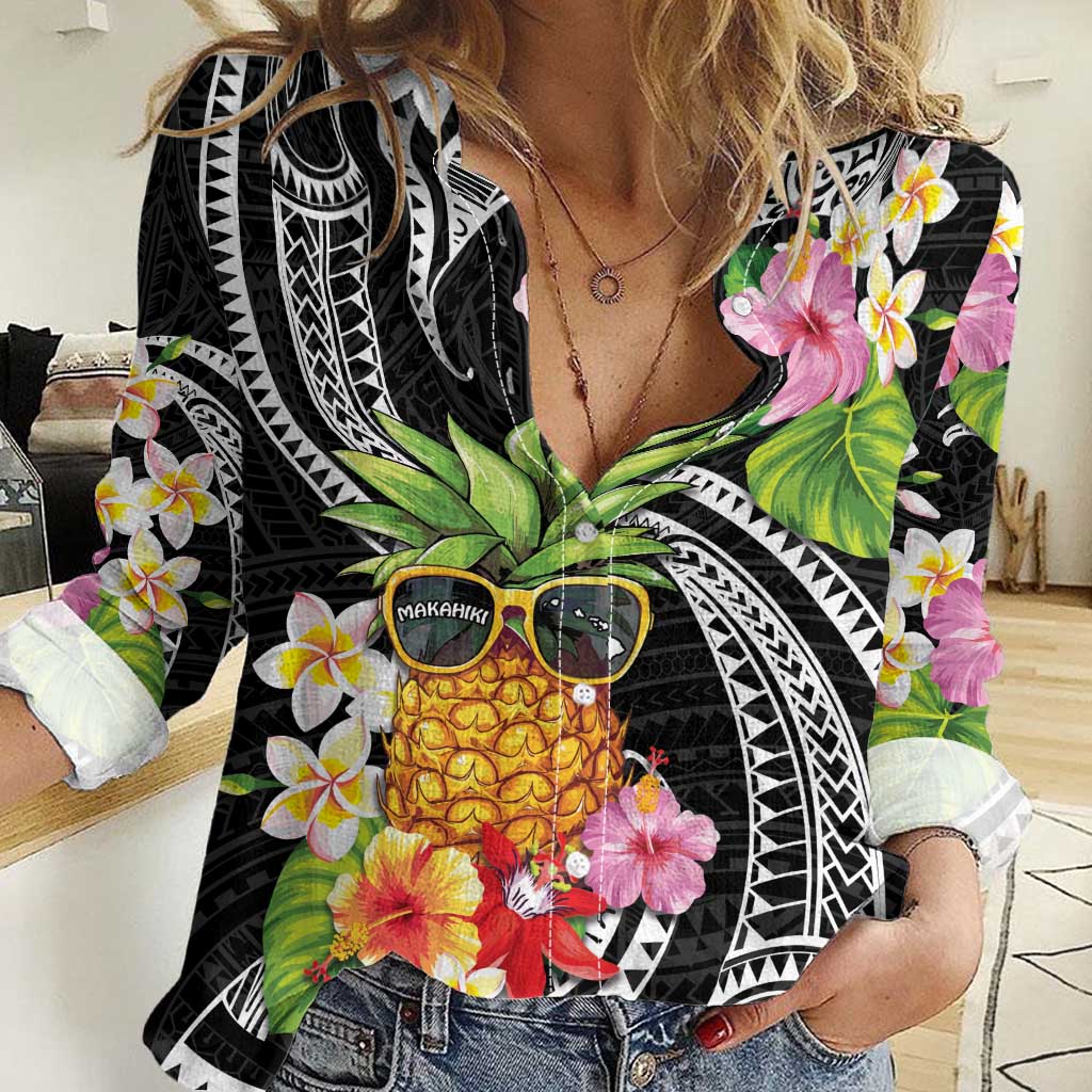 Hau'oli Makahiki Hou Women Casual Shirt Aloha Pineapple Tropical Vibe