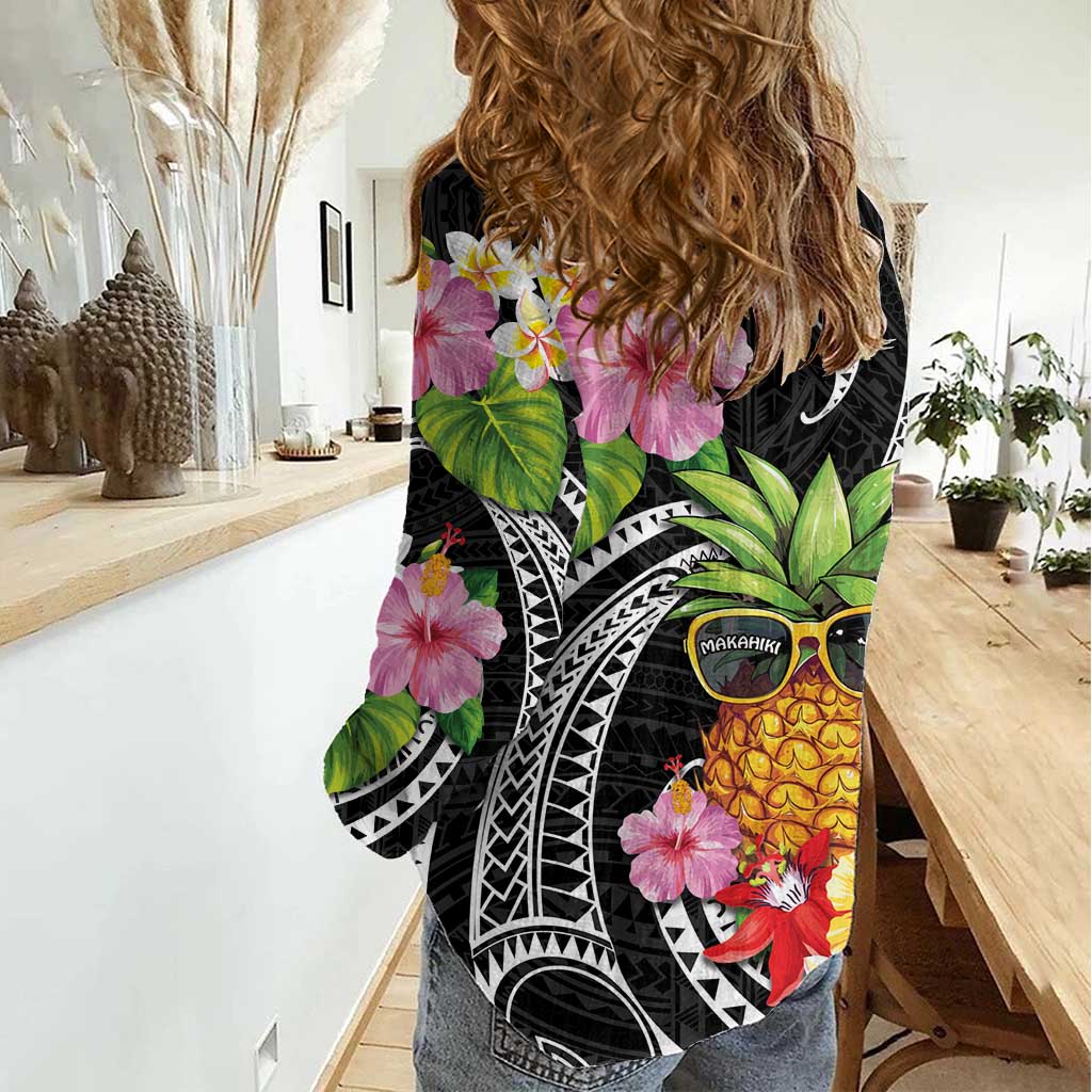 Hau'oli Makahiki Hou Women Casual Shirt Aloha Pineapple Tropical Vibe
