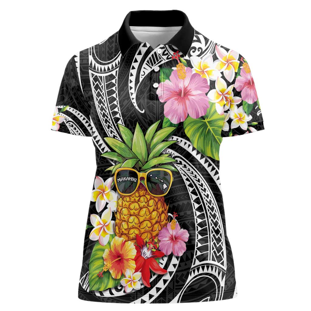 Hau'oli Makahiki Hou Women Polo Shirt Aloha Pineapple Tropical Vibe LT9 Female Black - Polynesian Pride