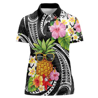 Hau'oli Makahiki Hou Women Polo Shirt Aloha Pineapple Tropical Vibe LT9 Female Black - Polynesian Pride