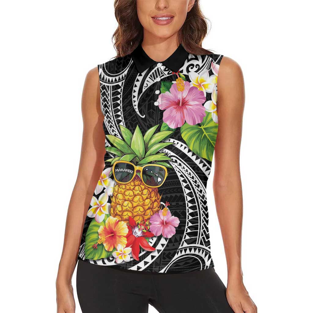 Hau'oli Makahiki Hou Women Sleeveless Polo Shirt Aloha Pineapple Tropical Vibe