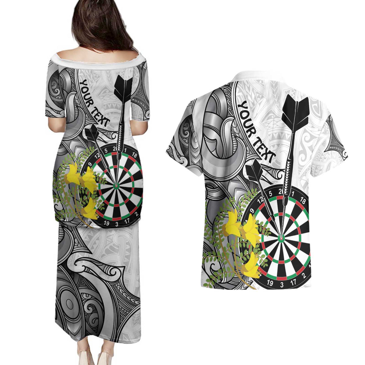 Personalised New Zealand Darts Couples Matching Puletasi and Hawaiian Shirt Kowhai Floral with Maori Tattoo