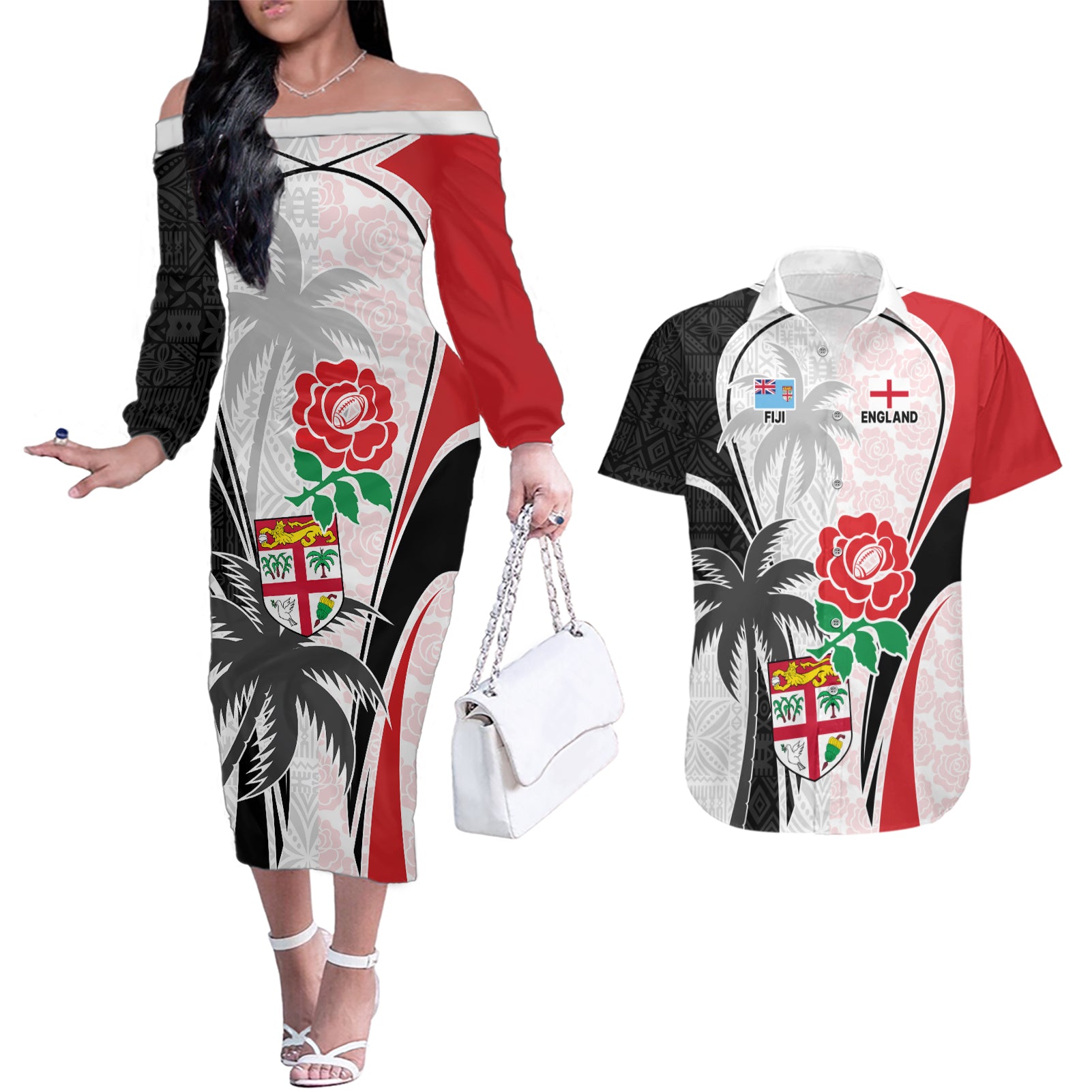 Custom Fiji England Rugby Couples Matching Off The Shoulder Long Sleeve Dress and Hawaiian Shirt Tapa Pattern and Rose Flower World Cup 2023 LT9 White - Polynesian Pride