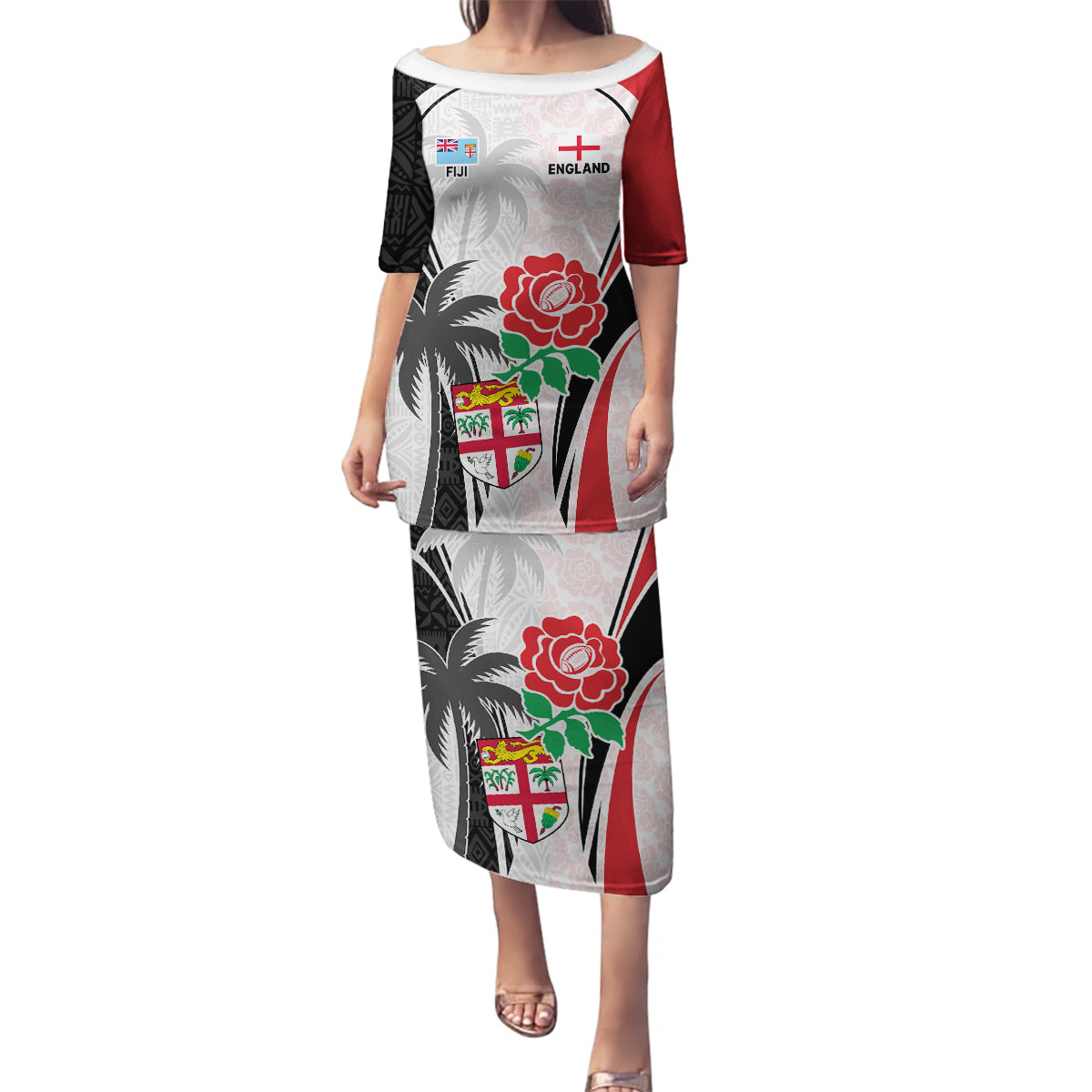 Custom Fiji England Rugby Family Matching Puletasi Dress and Hawaiian Shirt Tapa Pattern and Rose Flower World Cup 2023 LT9 Mom's Dress White - Polynesian Pride