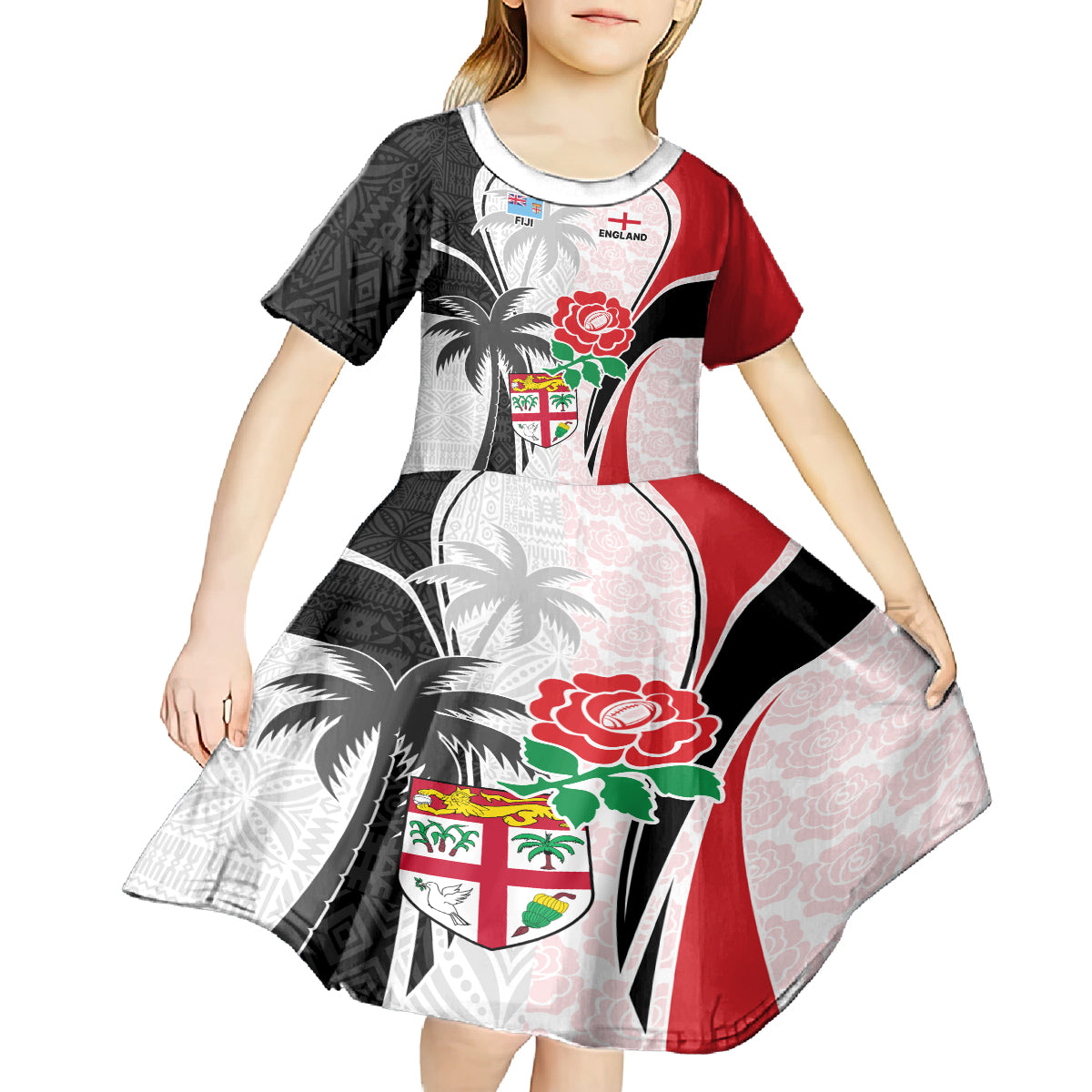 Custom Fiji England Rugby Kid Short Sleeve Dress Tapa Pattern and Rose Flower World Cup 2023 LT9 - Polynesian Pride
