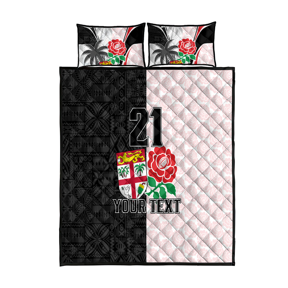 Custom Fiji England Rugby Quilt Bed Set Tapa Pattern and Rose Flower World Cup 2023 LT9 White - Polynesian Pride