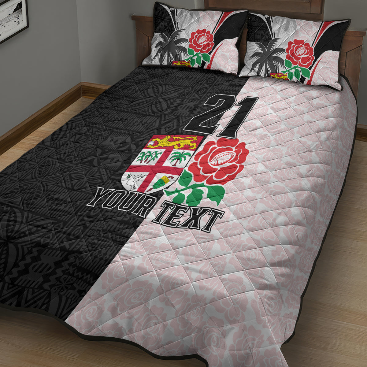Custom Fiji England Rugby Quilt Bed Set Tapa Pattern and Rose Flower World Cup 2023 LT9 - Polynesian Pride