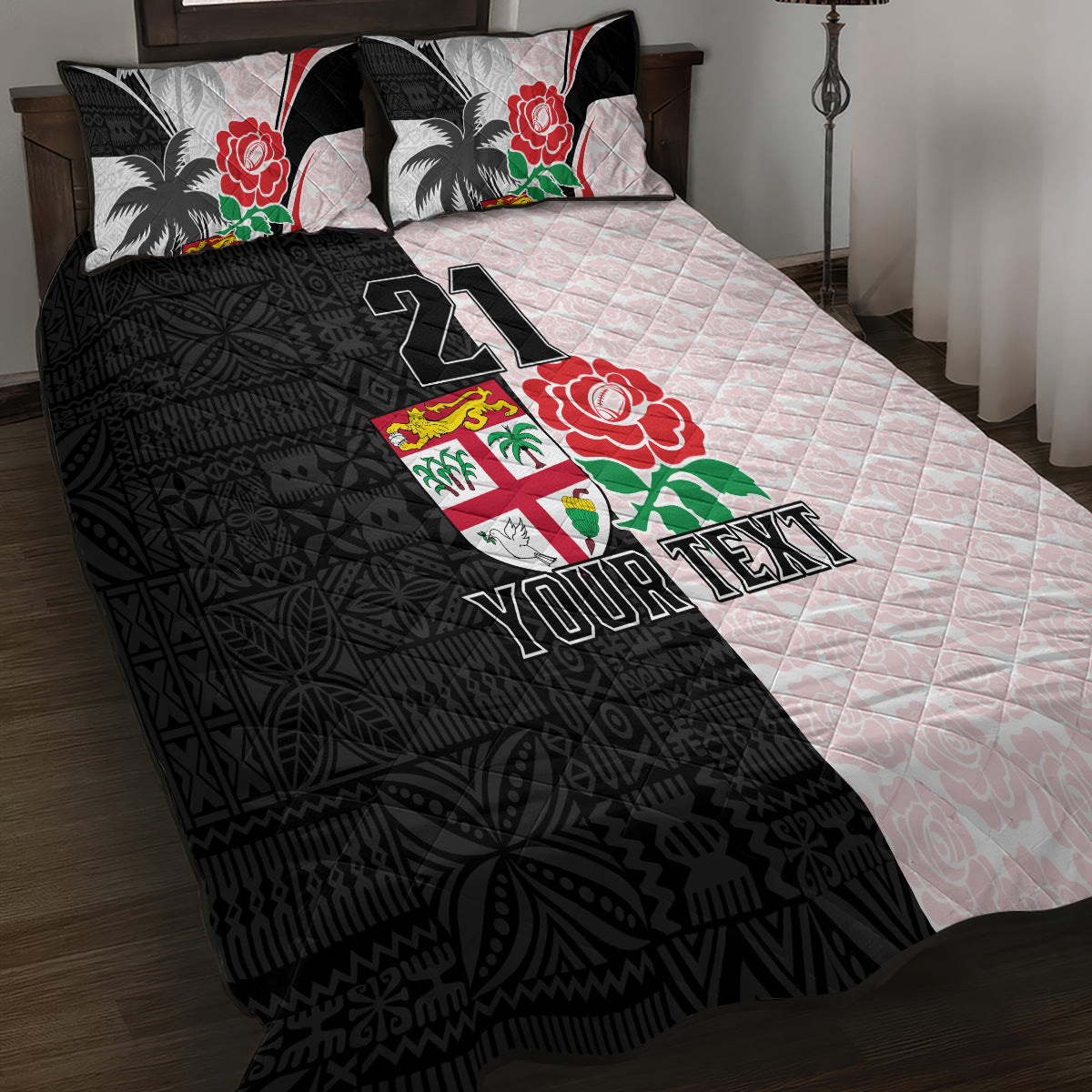 Custom Fiji England Rugby Quilt Bed Set Tapa Pattern and Rose Flower World Cup 2023 LT9 - Polynesian Pride