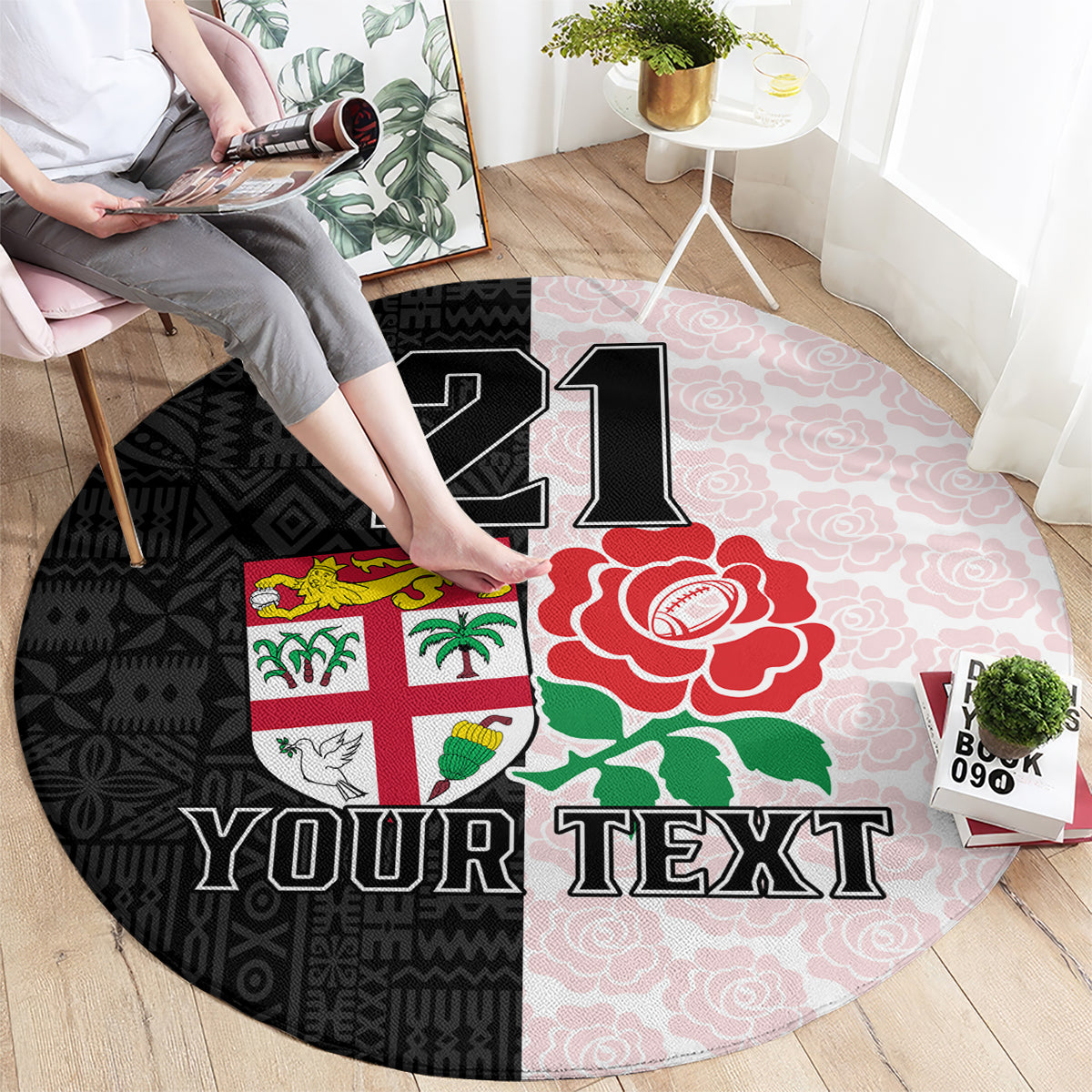 Custom Fiji England Rugby Round Carpet Tapa Pattern and Rose Flower World Cup 2023 LT9 - Polynesian Pride