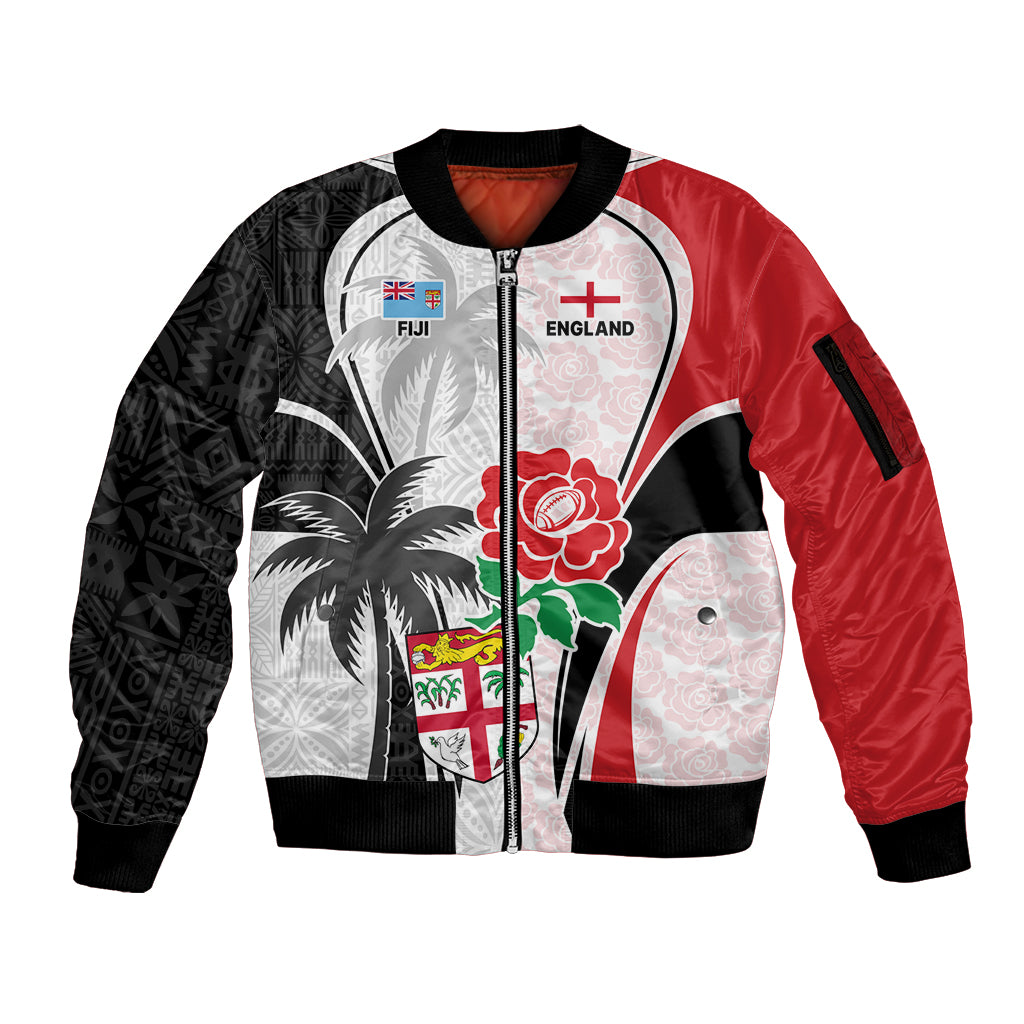 Custom Fiji England Rugby Sleeve Zip Bomber Jacket Tapa Pattern and Rose Flower World Cup 2023 LT9 Unisex White - Polynesian Pride
