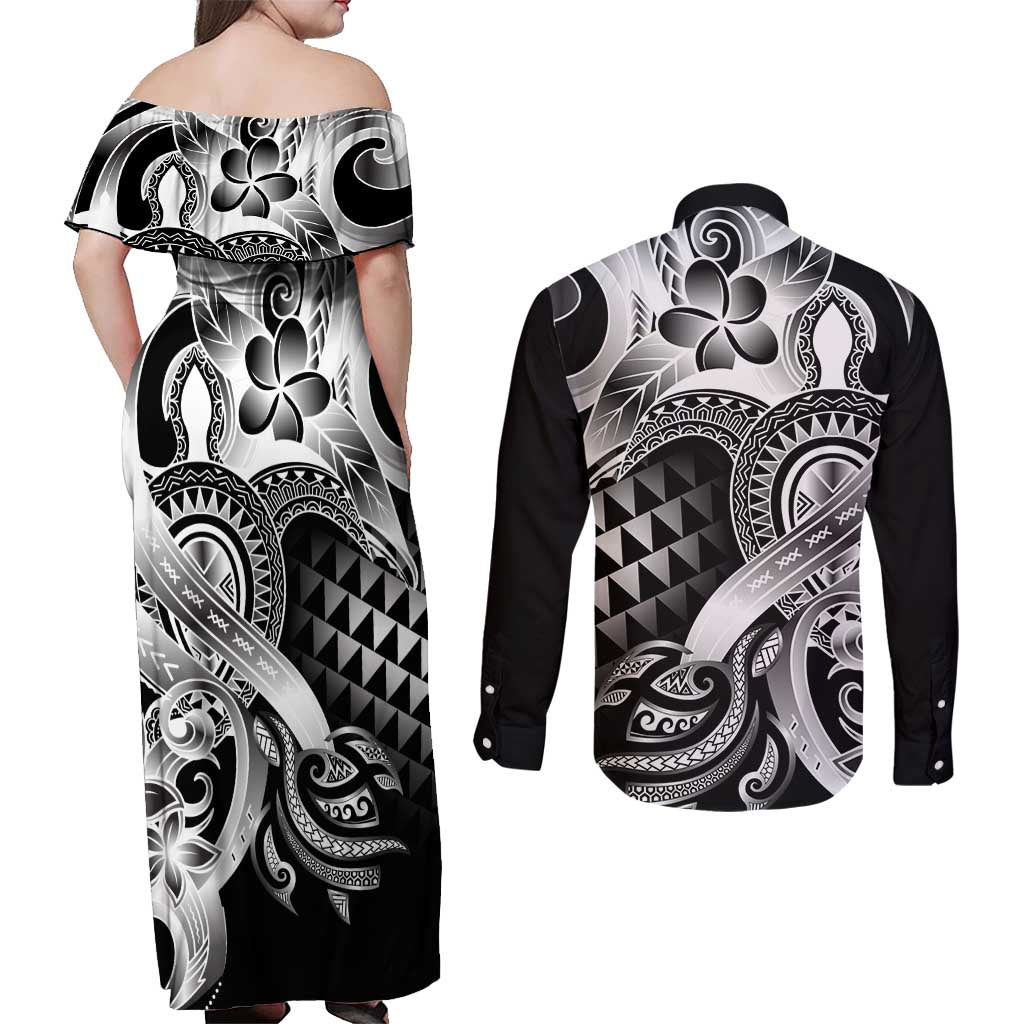Aloha Black Tribal Honu Tattoo Couples Matching Off Shoulder Maxi Dress and Long Sleeve Button Shirt LT9 - Polynesian Pride