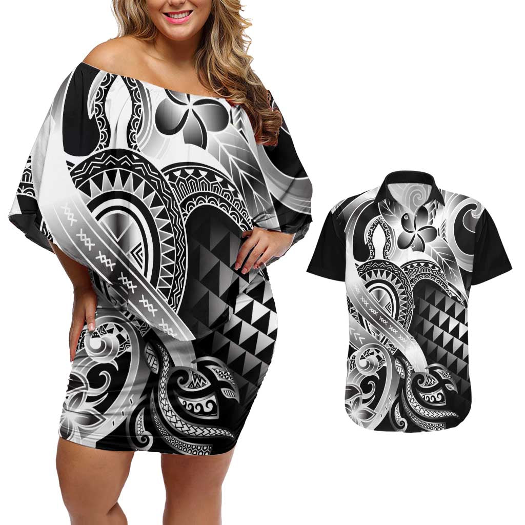 Aloha Black Tribal Honu Tattoo Couples Matching Off Shoulder Short Dress and Hawaiian Shirt