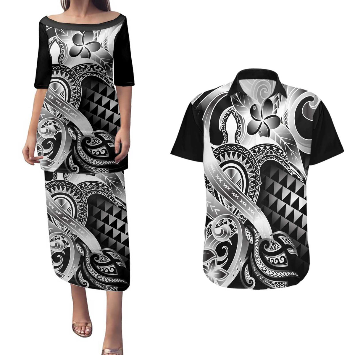 Aloha Black Tribal Honu Tattoo Couples Matching Puletasi and Hawaiian Shirt