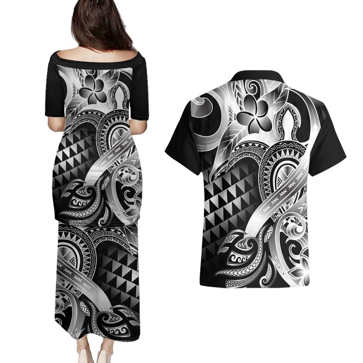 Aloha Black Tribal Honu Tattoo Couples Matching Puletasi and Hawaiian Shirt