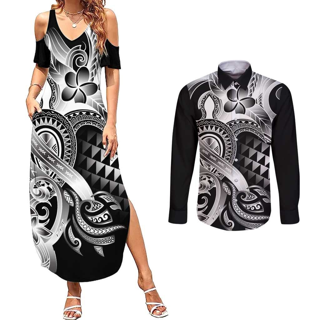 Aloha Black Tribal Honu Tattoo Couples Matching Summer Maxi Dress and Long Sleeve Button Shirt LT9 Black - Polynesian Pride