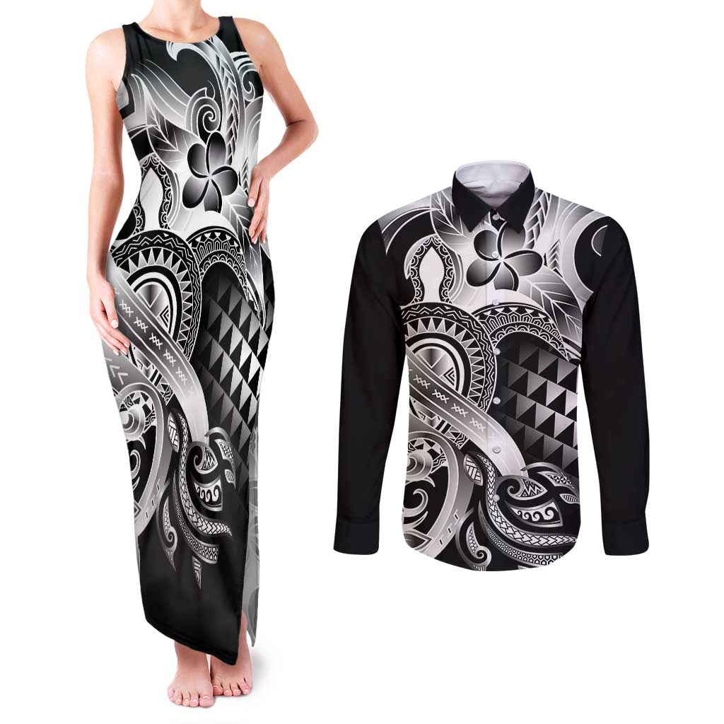 Aloha Black Tribal Honu Tattoo Couples Matching Tank Maxi Dress and Long Sleeve Button Shirt LT9 Black - Polynesian Pride
