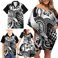 Aloha Black Tribal Honu Tattoo Family Matching Off Shoulder Short Dress and Hawaiian Shirt