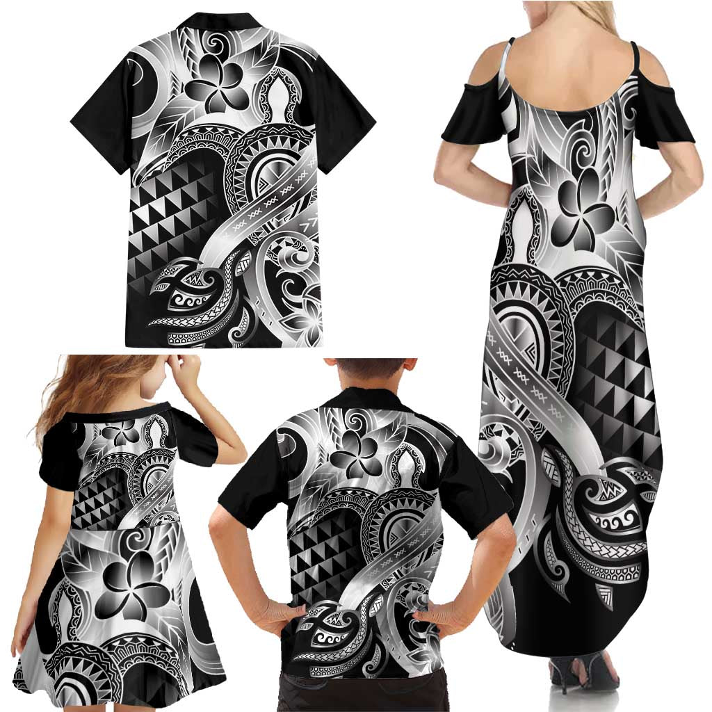 Aloha Black Tribal Honu Tattoo Family Matching Summer Maxi Dress and Hawaiian Shirt