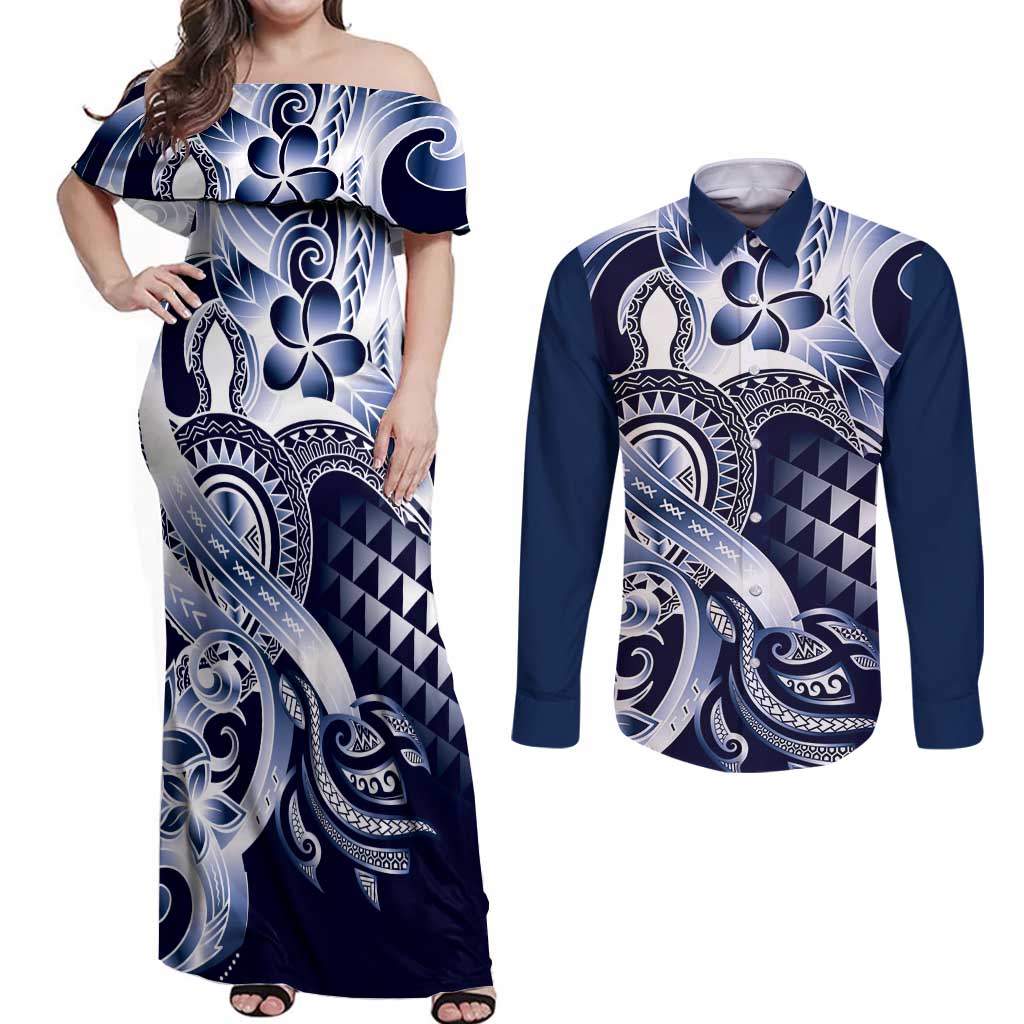 Aloha Blue Tribal Honu Tattoo Couples Matching Off Shoulder Maxi Dress and Long Sleeve Button Shirt LT9 Blue - Polynesian Pride