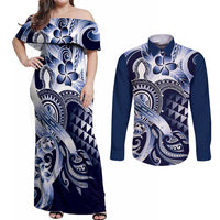 Aloha Blue Tribal Honu Tattoo Couples Matching Off Shoulder Maxi Dress and Long Sleeve Button Shirt LT9 Blue - Polynesian Pride