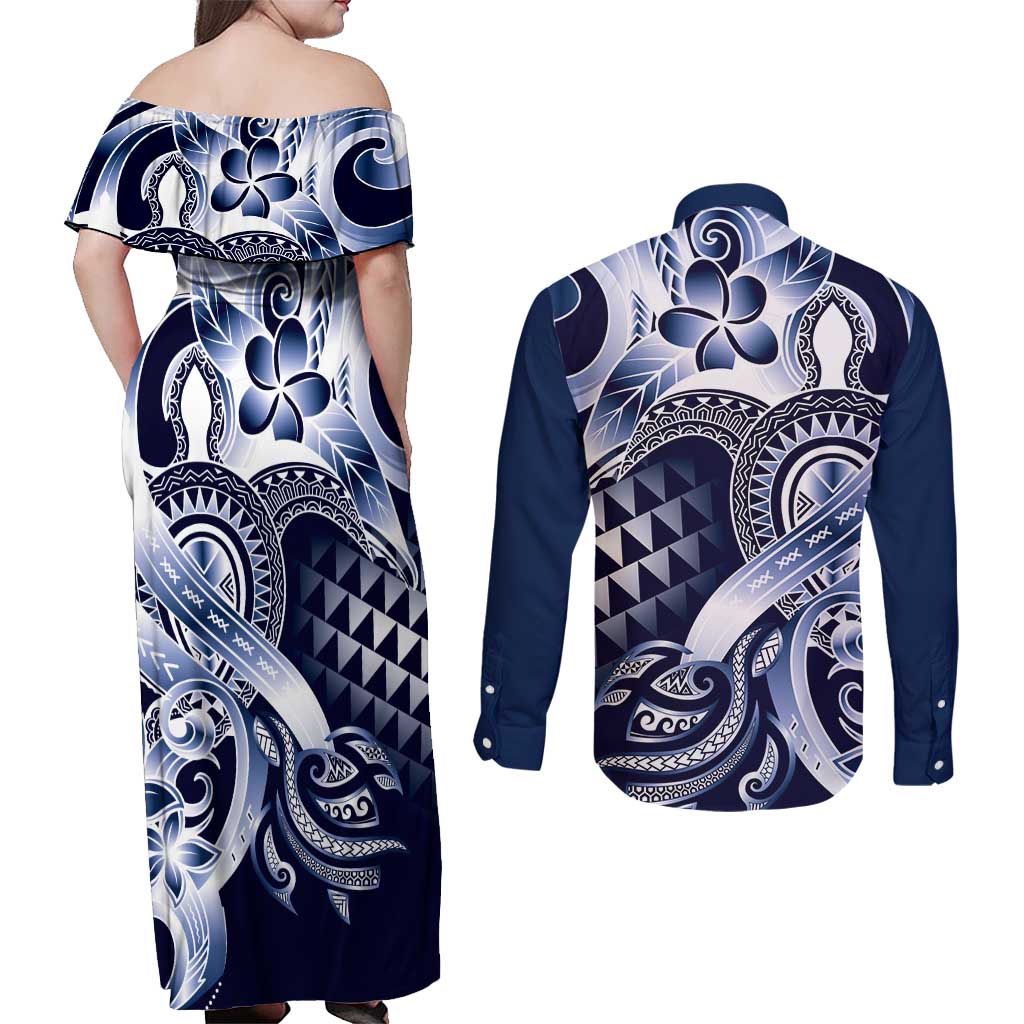 Aloha Blue Tribal Honu Tattoo Couples Matching Off Shoulder Maxi Dress and Long Sleeve Button Shirt LT9 - Polynesian Pride
