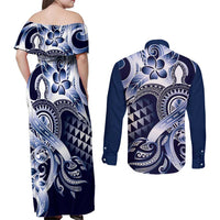 Aloha Blue Tribal Honu Tattoo Couples Matching Off Shoulder Maxi Dress and Long Sleeve Button Shirt LT9 - Polynesian Pride