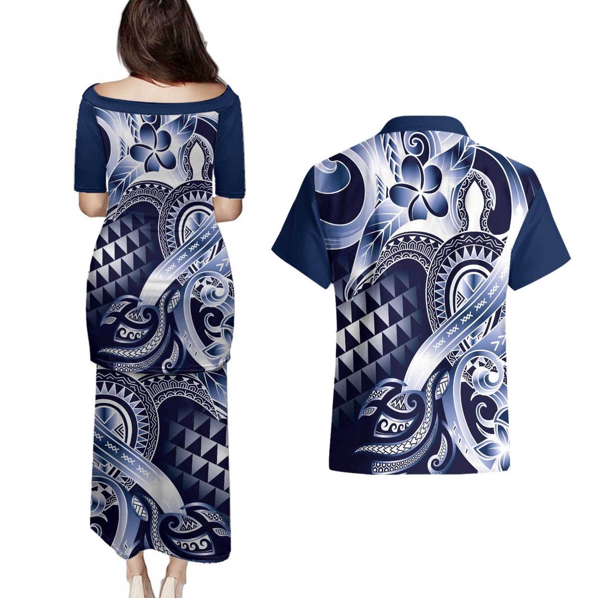 Aloha Blue Tribal Honu Tattoo Couples Matching Puletasi and Hawaiian Shirt