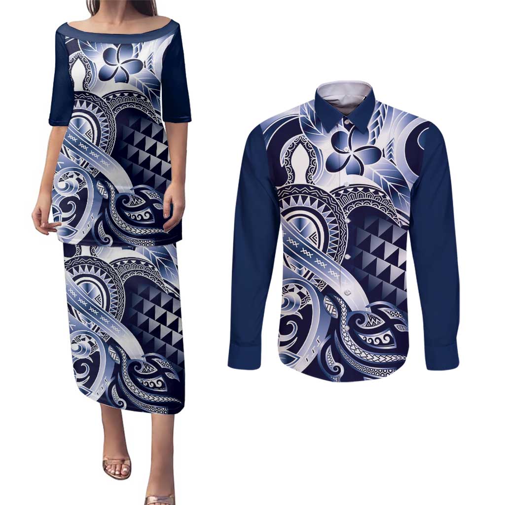 Aloha Blue Tribal Honu Tattoo Couples Matching Puletasi and Long Sleeve Button Shirt